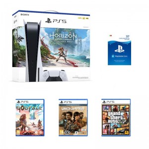 Consola Sony PlayStation 5 825GB Horizon Forbidden West (Digital Code)+ Grand Theft Auto V + Uncharted: Coleção Legado dos Ladrões + Godfall + PSN 30€
